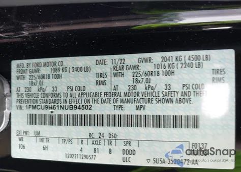 2022 Ford Escape Sel z USA, uszkodzony, nr VIN 1FMCU9H61NUB94502